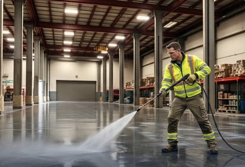Warehouse floor scrub